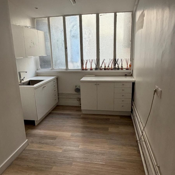 Une petite cuisine blanche et minimaliste avec un sol en bois et de grandes fenêtres givrées.