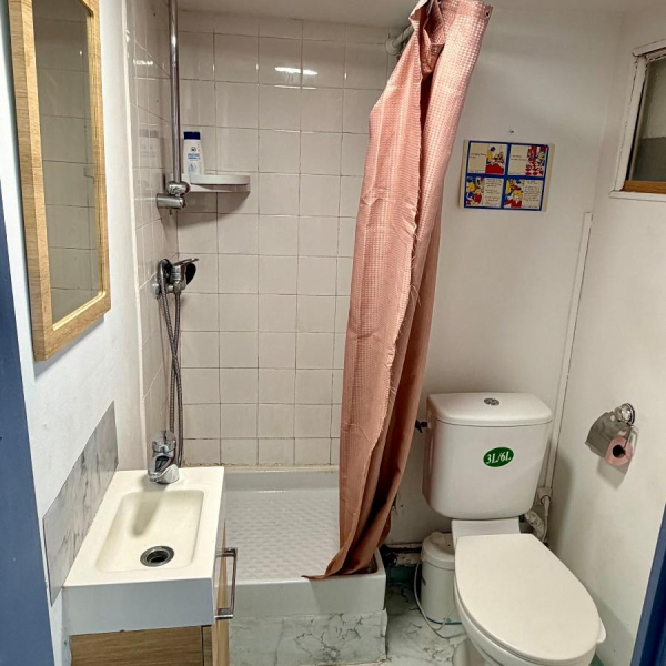 Une petite salle de bain étroite comprenant un lavabo, des toilettes et une douche avec un rideau rose.
