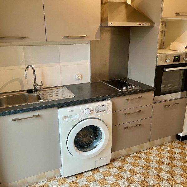 Cuisine compacte avec évier, machine à laver et four intégrés.