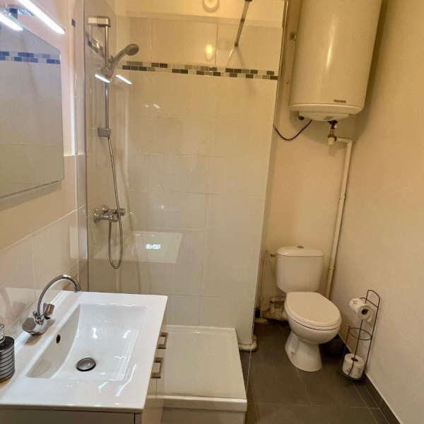 Salle de bain moderne avec douche, lavabo, WC et chauffe-eau, décorée simplement.